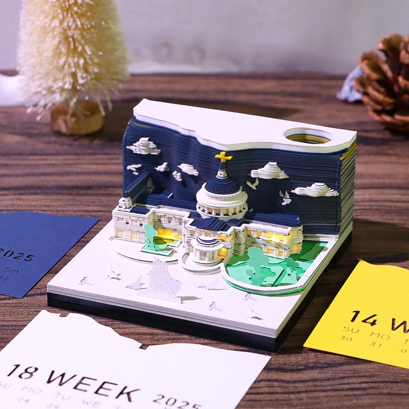 3D Paper Cut Art 2025 Calendar Sheet Memo Pad Diy St.Paul'S Cathedral Shape Paper Cube Block Note Pad For Christmas Gift