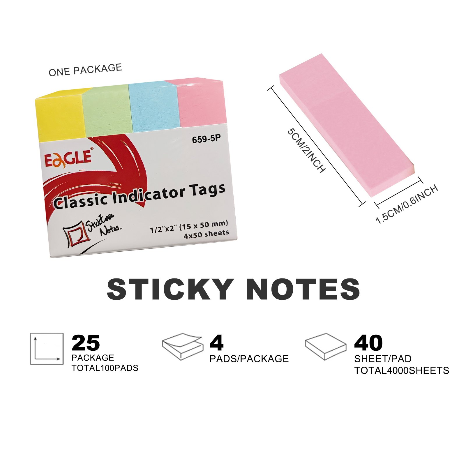 Eagle 1 Pack 4-Color 15x50mm Color Memo Stickers Office 4x40 Sheets Sticky Note Paper in Stock 659-5P