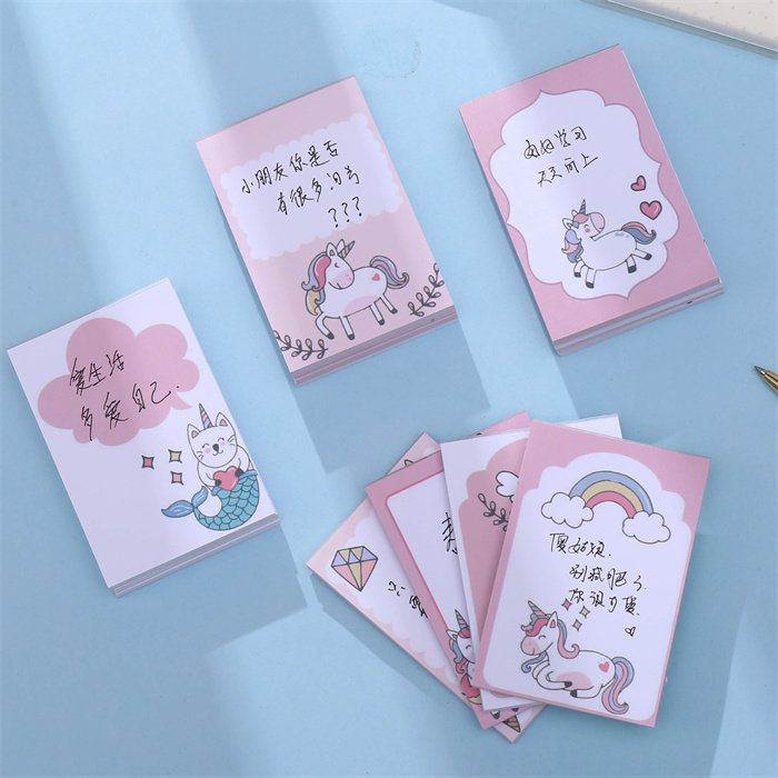 Various fashion style stationery items stationery set OEM custom kawaii unicorn design sticky notes self adhesive memo pads