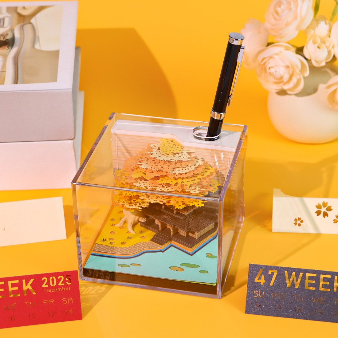Custom Logo Printed 3D Sticky Note Memo Pads 3D Paper Art Sculpture Sakura Tree House Christmas Gift Weekly Block Notes Calendar
