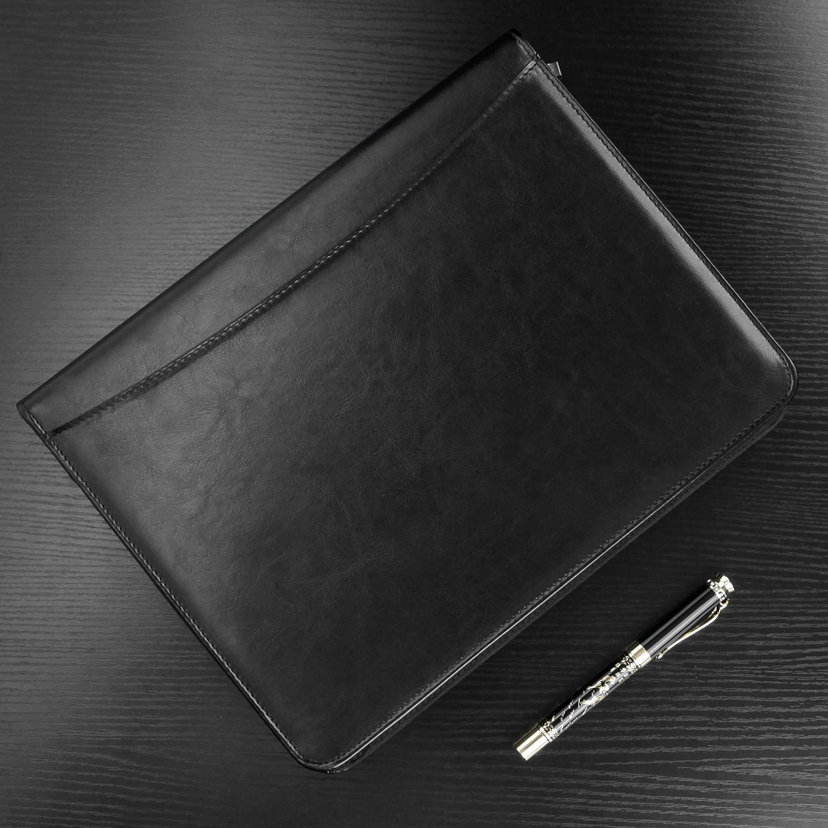 Metal Clipboard Phone Pouch File Folder PU Leather Portfolio Professional Interview Pad folio with Calculator and Memo