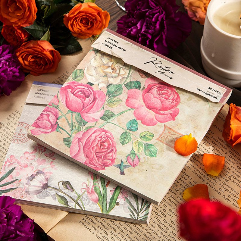 50 Pieces/Pack Material Book Colorful World Series Retro Flower DIY Journal Decoration Base Collage 6 Models