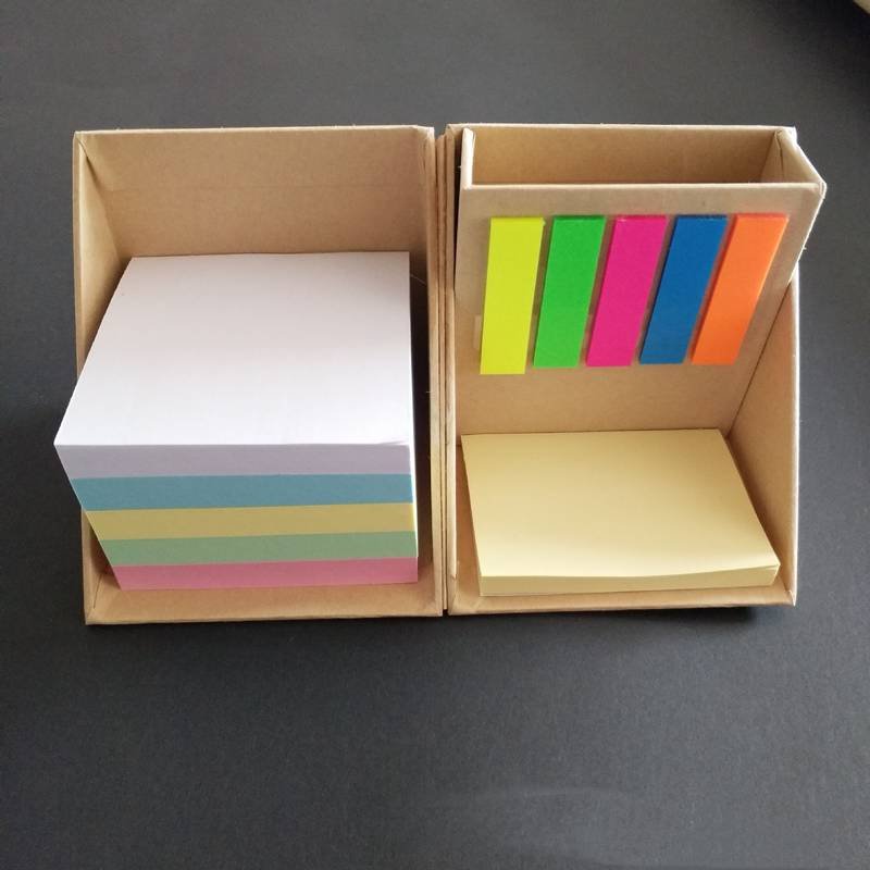 Custom Promotion Print Gift For Office 675 Pages Foldable Square Cube Kraft Paper Sticky Note Suit Memo Pad Box With Pen Holder