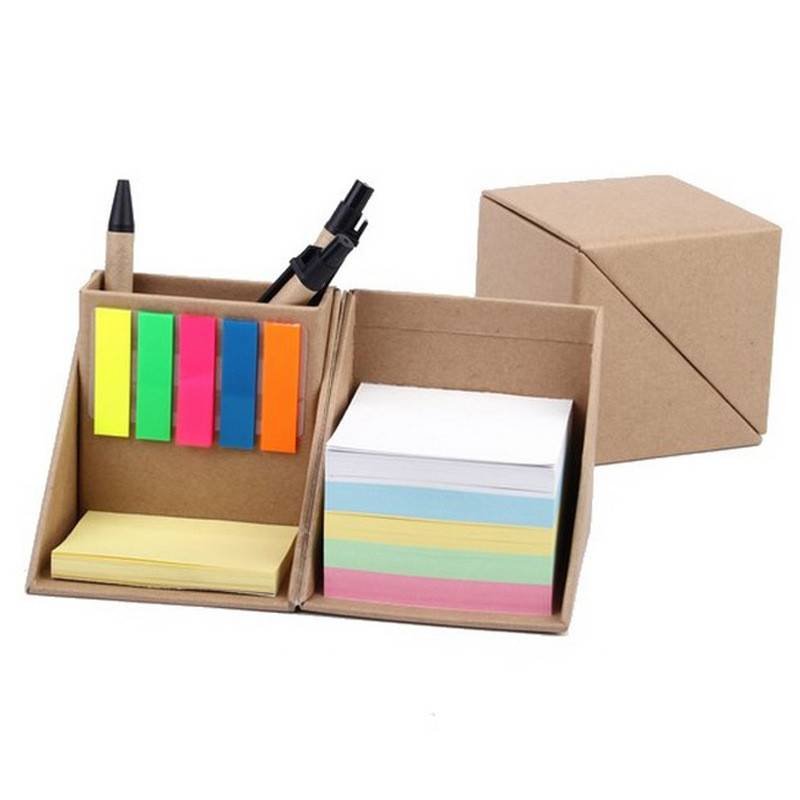 Custom Promotion Print Gift For Office 675 Pages Foldable Square Cube Kraft Paper Sticky Note Suit Memo Pad Box With Pen Holder