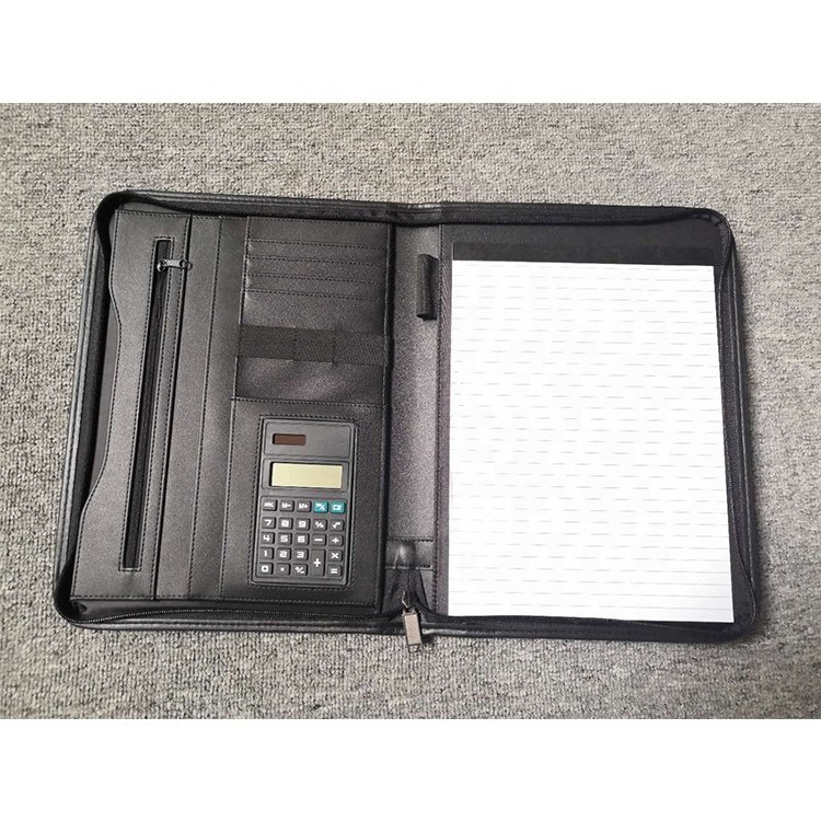 zipper closure high quality PU leather A4 file folder with memo pad calculator custom Logo