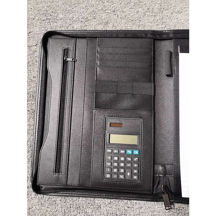 zipper closure high quality PU leather A4 file folder with memo pad calculator custom Logo
