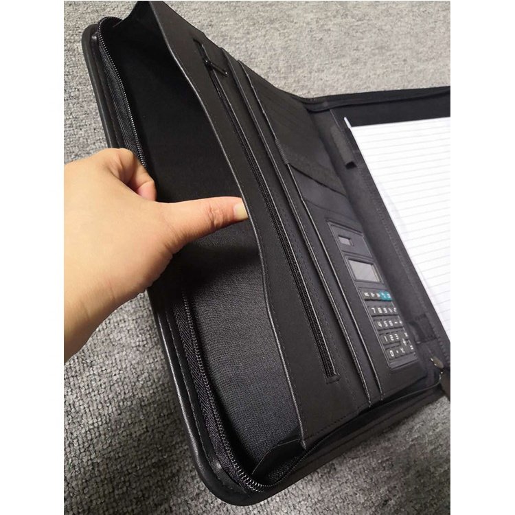 zipper closure high quality PU leather A4 file folder with memo pad calculator custom Logo