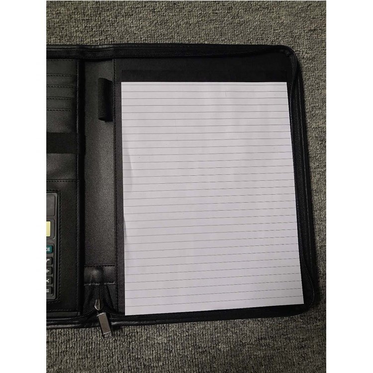 zipper closure high quality PU leather A4 file folder with memo pad calculator custom Logo
