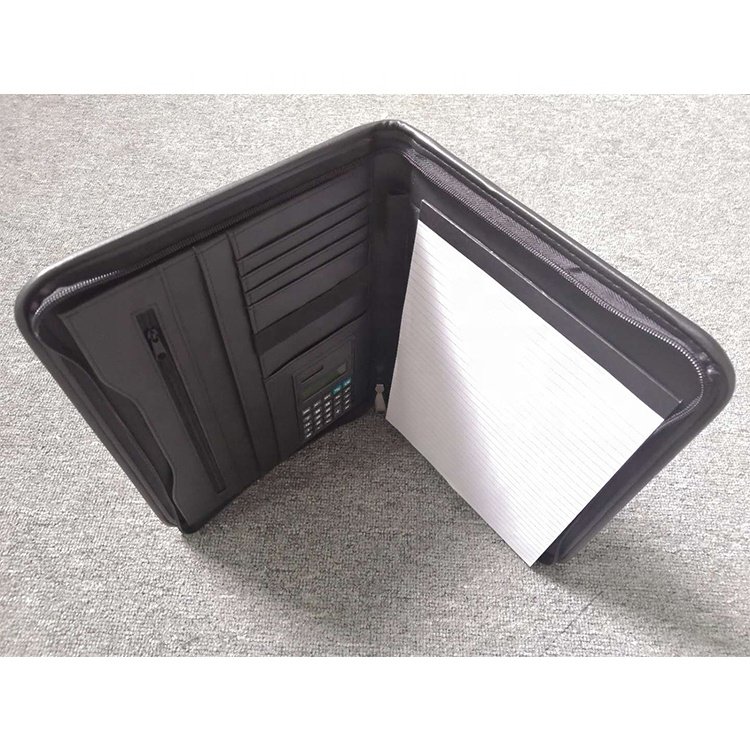 zipper closure high quality PU leather A4 file folder with memo pad calculator custom Logo