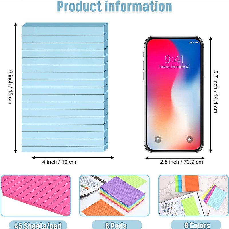 2023 Hot Sale Lined Sticky Notes 4X6 in Bright Ruled Post Sticky Colorful Super Sticking Power Memo Pads Its Strong Adhesive