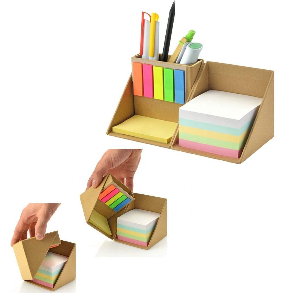 Promotional Custom Printed Square Cube Kraft Paper Eco Sticky Note Memo Pad Box With Pen Holder For Office
