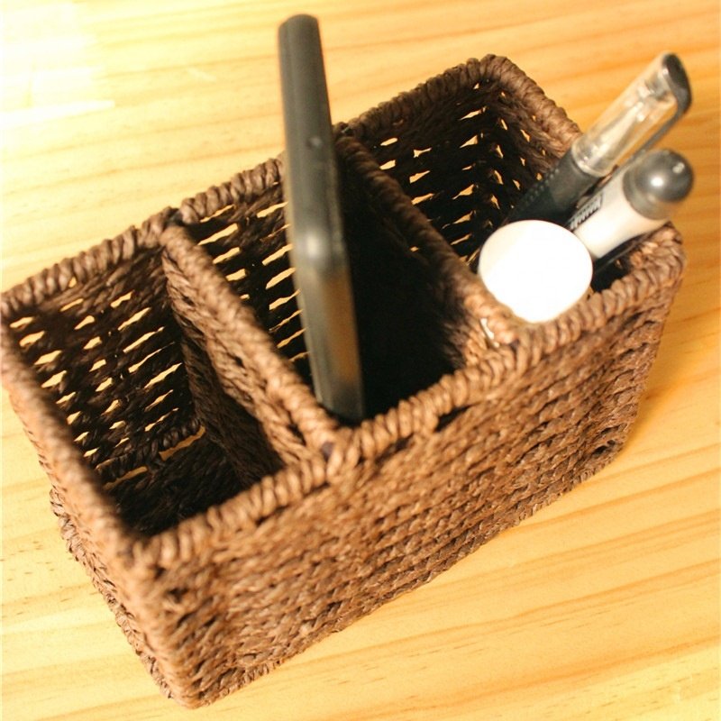 3 Compartments Paper Rope Hand Woven Desk Organizer Storage Basket Cell Phone Remote Control Holder Pen Holder for Office