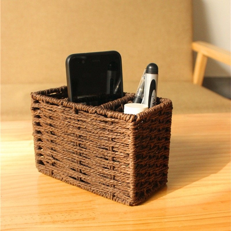 3 Compartments Paper Rope Hand Woven Desk Organizer Storage Basket Cell Phone Remote Control Holder Pen Holder for Office