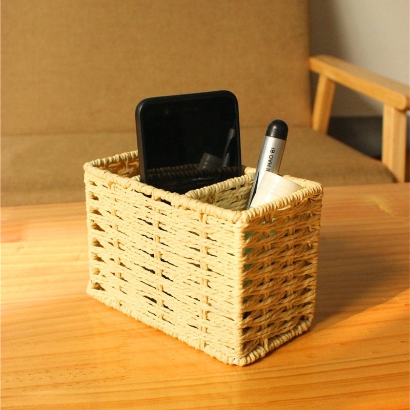 3 Compartments Paper Rope Hand Woven Desk Organizer Storage Basket Cell Phone Remote Control Holder Pen Holder for Office