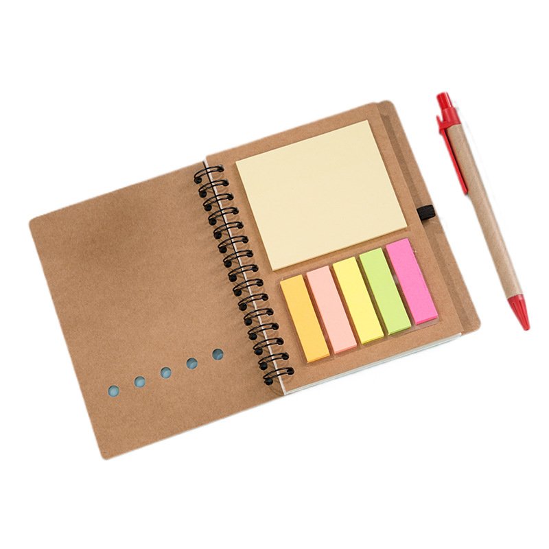 A6 Simple style Kraft Paper Cover Spiral Notebook and Sticky Note Sets with Ball Pen Customized Logo