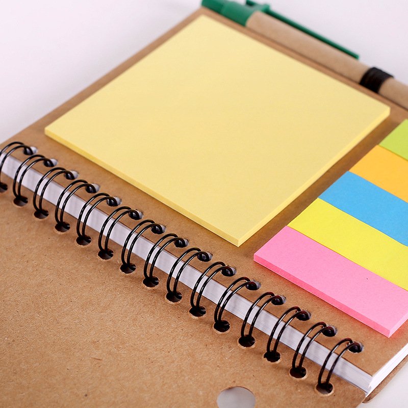 A6 Simple style Kraft Paper Cover Spiral Notebook and Sticky Note Sets with Ball Pen Customized Logo