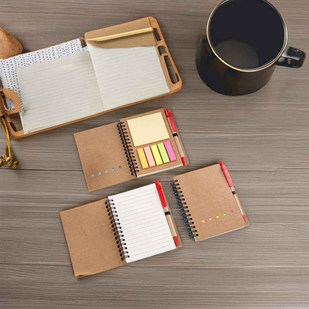 A6 Simple style Kraft Paper Cover Spiral Notebook and Sticky Note Sets with Ball Pen Customized Logo