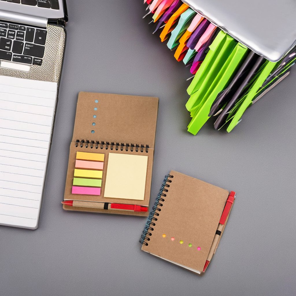 A6 Simple style Kraft Paper Cover Spiral Notebook and Sticky Note Sets with Ball Pen Customized Logo