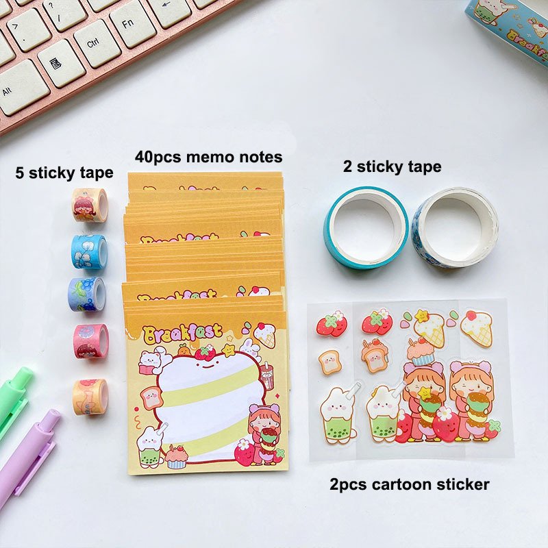 Cartoon journal memo notes sticky tape school stationery set teenage girl cute sticky tape memo set in plastic box