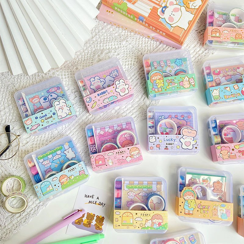 Cartoon journal memo notes sticky tape school stationery set teenage girl cute sticky tape memo set in plastic box