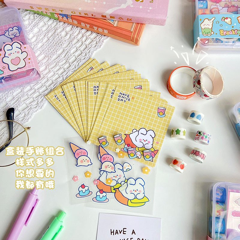 Cartoon journal memo notes sticky tape school stationery set teenage girl cute sticky tape memo set in plastic box