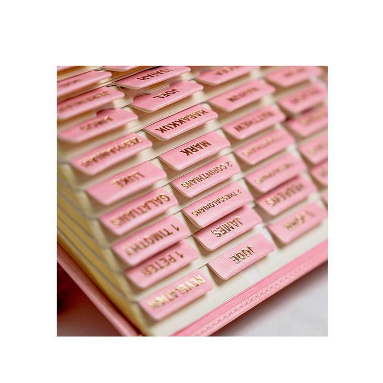 Free sample factory custom Pastel pink leather Bible Tabs hot stamping bible tabs with gold printing for Bible study tools