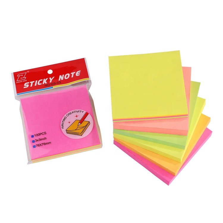 100 sheets neon assorted color 3 x 3 inches square fluorescent paper sticky notes