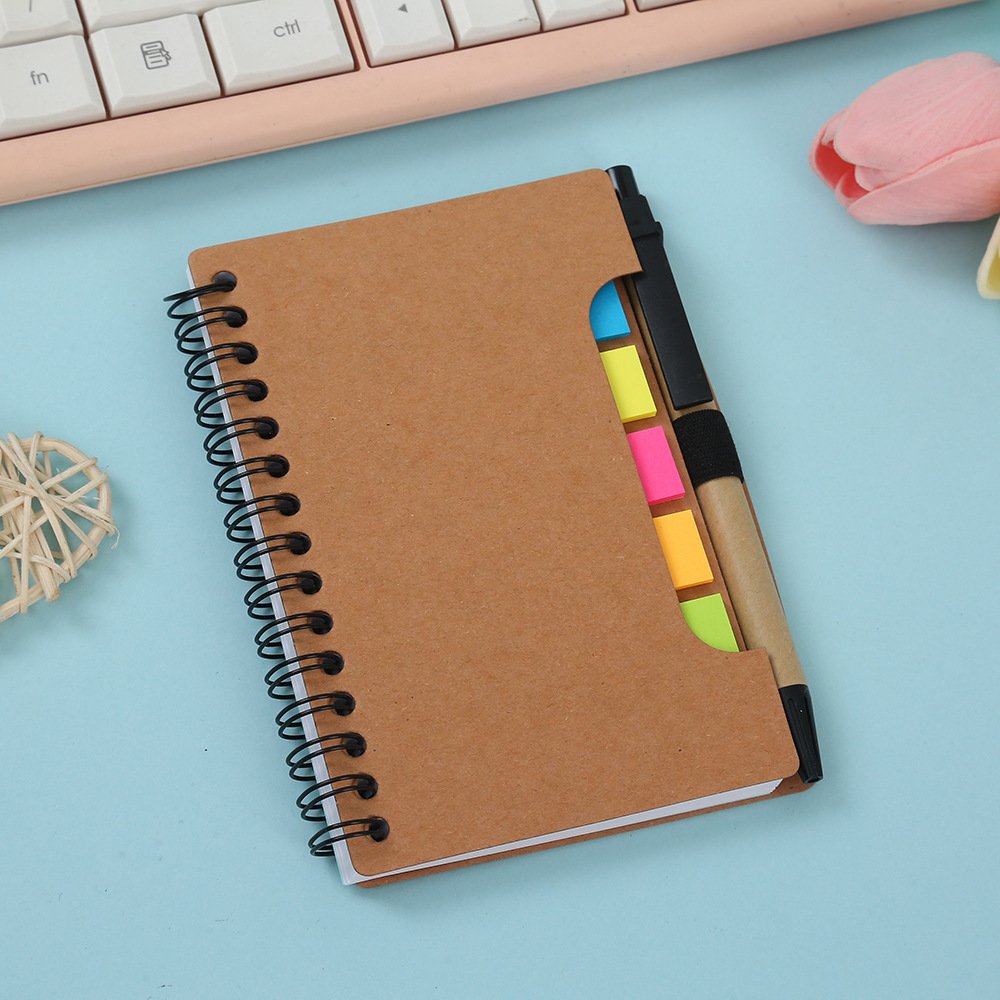 Free Sample Kraft Spiral Notebooks Custom Memo Notepads Set with Pen and Sticky Notes