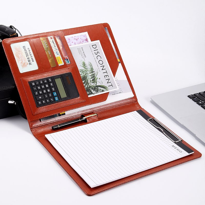 a4 portfolio PU leather cover document file folder a4 custom logo with clipboard and calculator