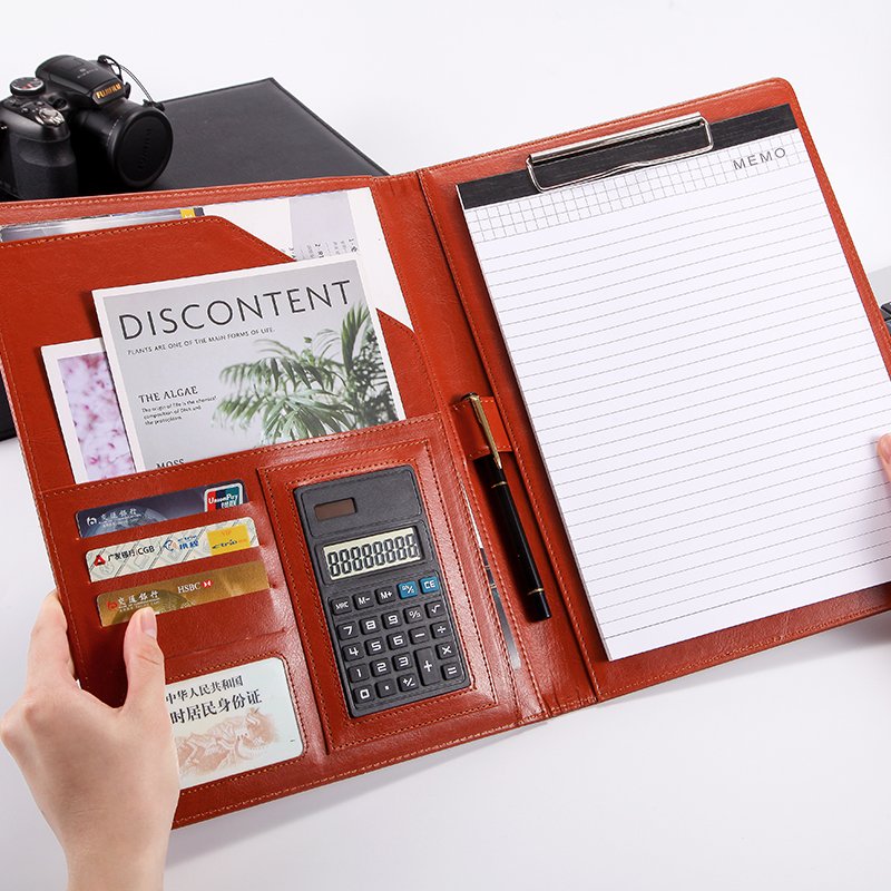 a4 portfolio PU leather cover document file folder a4 custom logo with clipboard and calculator