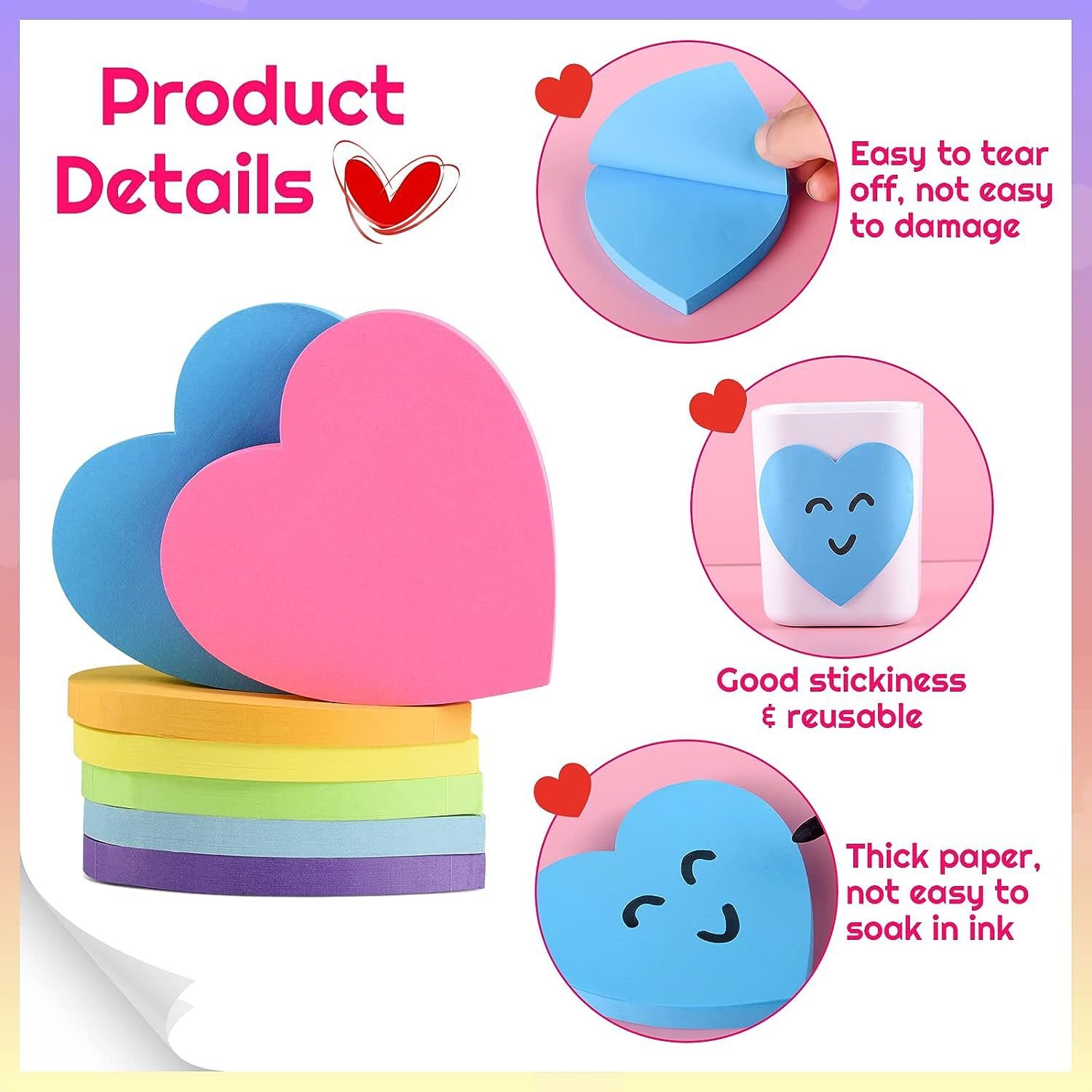 JPS OEM Notes Autocollantes Cute Heart Shape Customizable Sticky Notes