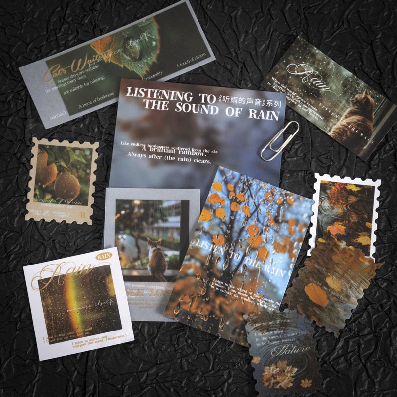 30pcs/pack Double material pack Listen to the sound of rain series Copperplate material stickers