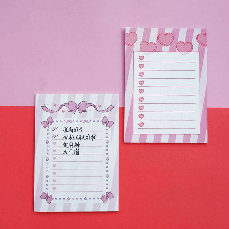 Custom Mini 30 Pages Kawaii Romantic Pink Heart Ribbon Bow Fruit Cherry Strawberry Memo Pad Sticky Notes Tear off