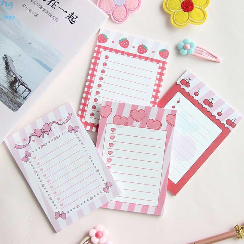 Custom Mini 30 Pages Kawaii Romantic Pink Heart Ribbon Bow Fruit Cherry Strawberry Memo Pad Sticky Notes Tear off