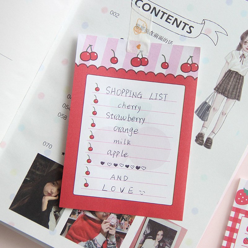 Custom Mini 30 Pages Kawaii Romantic Pink Heart Ribbon Bow Fruit Cherry Strawberry Memo Pad Sticky Notes Tear off
