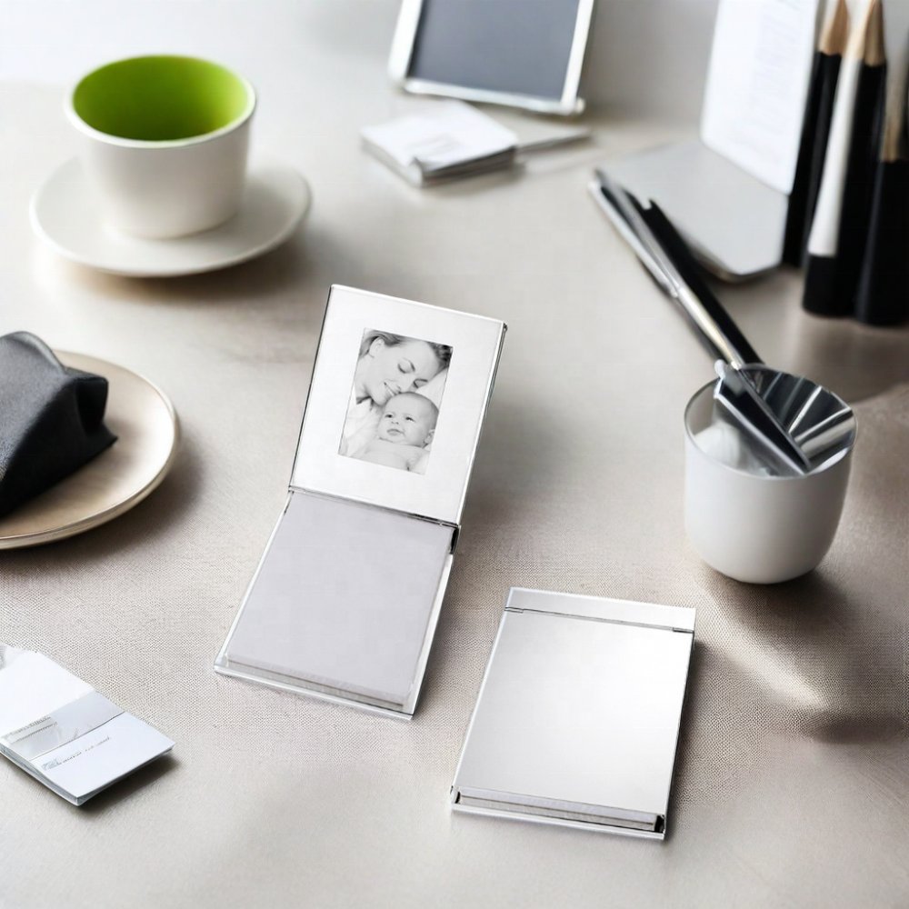 Custom Engraveable Logo Metal Silver Plated Stationery Memo Pad With Photo Frame For Business Gifts