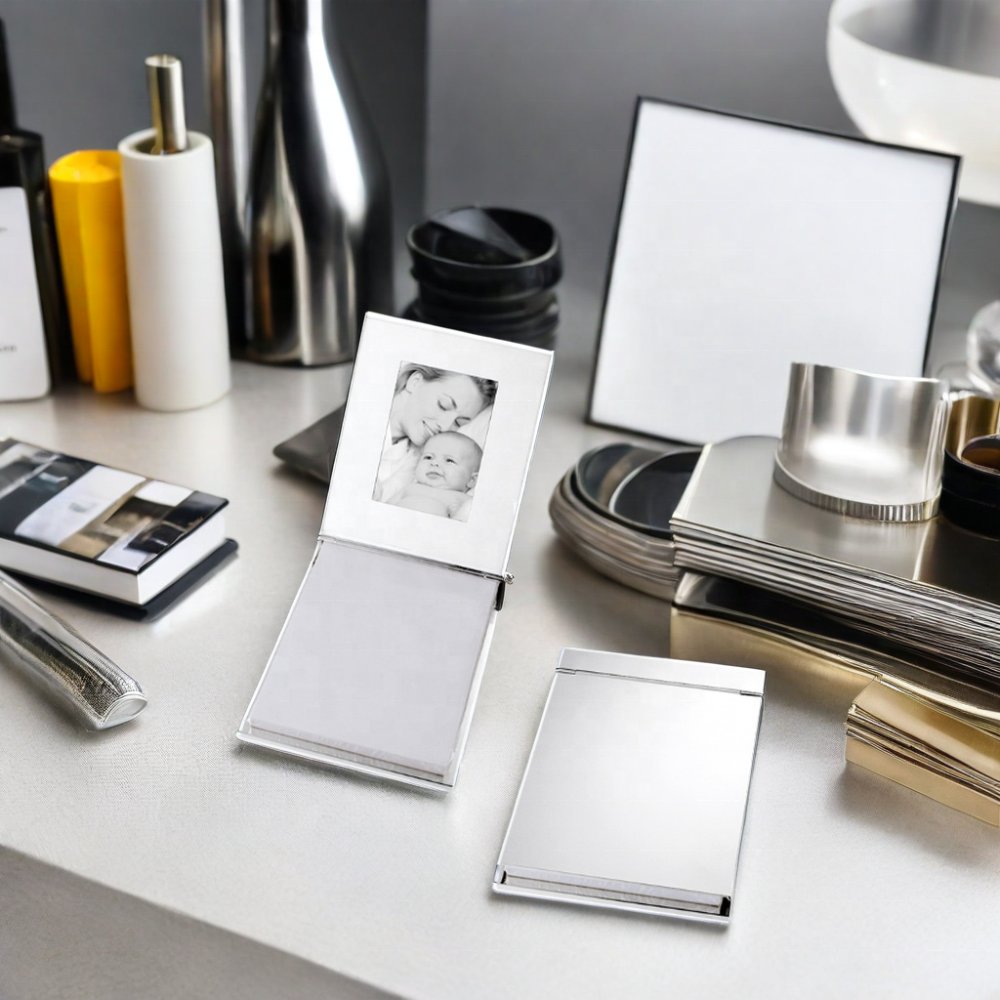 Custom Engraveable Logo Metal Silver Plated Stationery Memo Pad With Photo Frame For Business Gifts