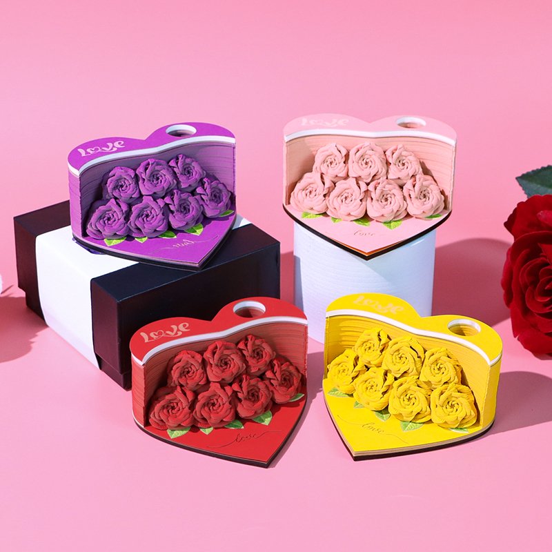 Flower Rose Bouquet 3D Paper Craft 2025 Creative Christmas Valentines Gift Novelty Magical Memo Pad Desk Calendar With Gift Box