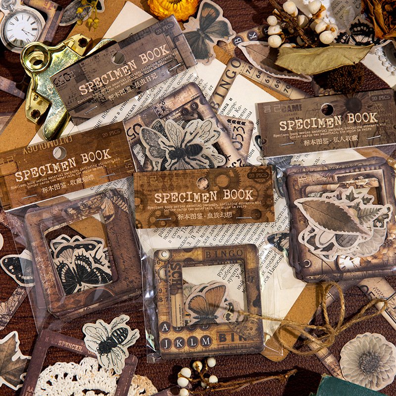 20 Pcs/Pack Sample Data Specimens An Illustrated Handbook Series Retro Journal Decoration Material Paper with Stickers 6 Types