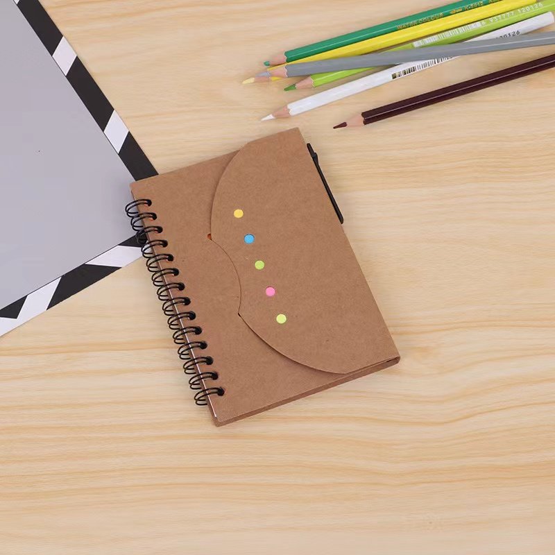 Eco-friendly Folding Kraft Cover Memo Sticky Notepad With Pen Custom Logo Spiral Notebook Promotion Sticky Small Book