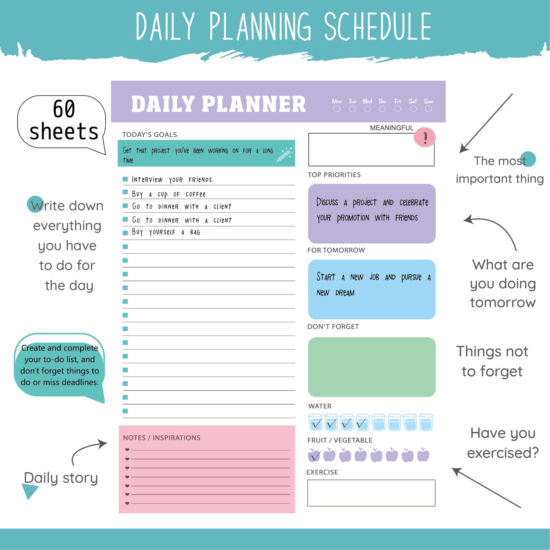 60 Sheets Tear Off Daily To Do List Planner Checklist Notepad Planning Organizer for Productivity Improvement and Tasks Tracking