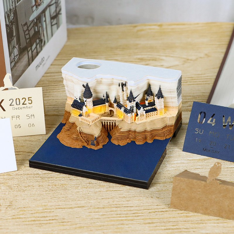 3D Calendar Memo Pad Led Lights Tear Away Calendar Sculpture Carving Art Harry Potter Castle Block Notes For Desktop Ornament