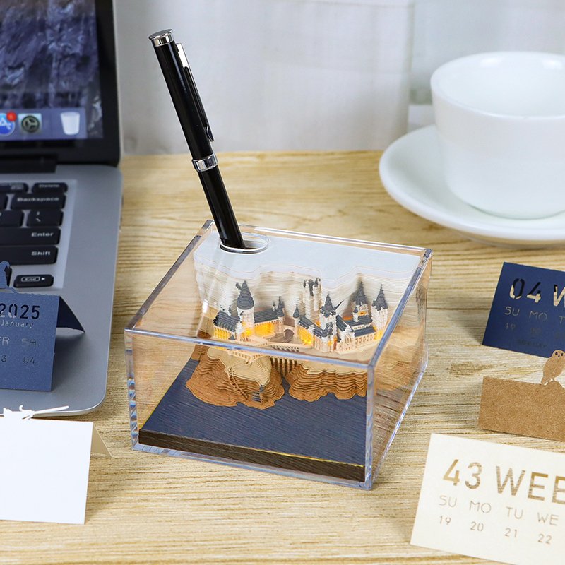 3D Calendar Memo Pad Led Lights Tear Away Calendar Sculpture Carving Art Harry Potter Castle Block Notes For Desktop Ornament