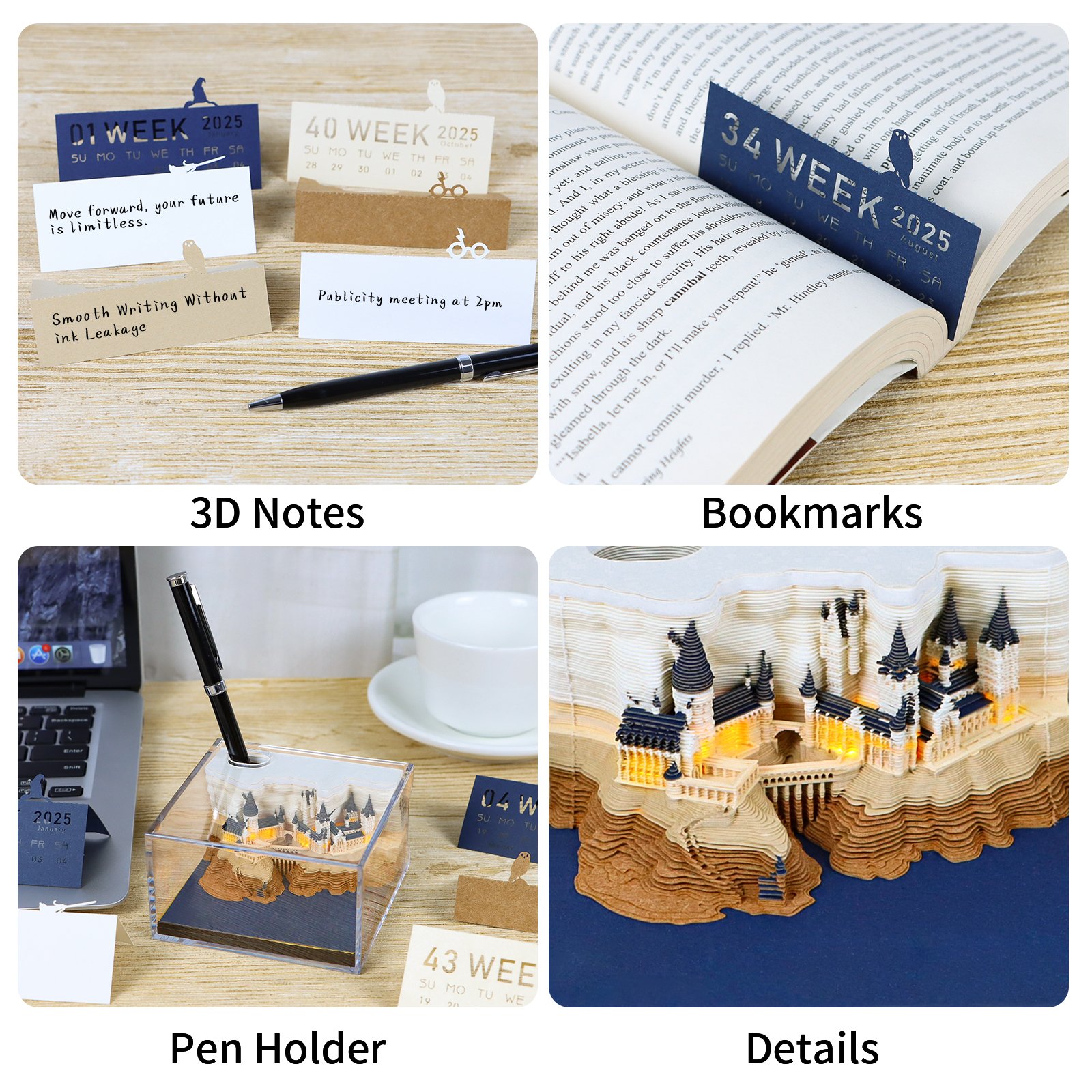 3D Calendar Memo Pad Led Lights Tear Away Calendar Sculpture Carving Art Harry Potter Castle Block Notes For Desktop Ornament