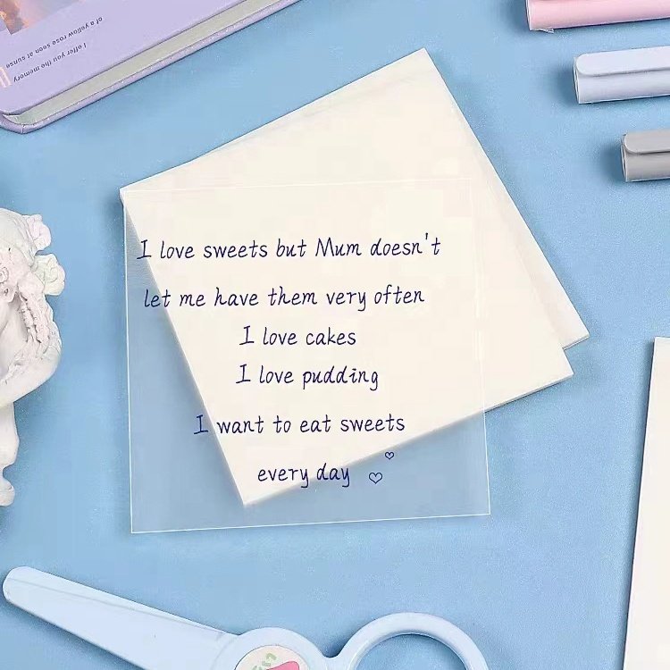 Custom Transparent Clear Waterproof Memopad Self-Adhesive Fancy Reusable Sticky Note For School Office