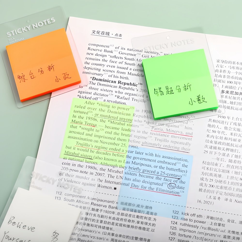 STICKERS PUNK 50 Sheets/pack Translucent Colored Clear Sticky Note Waterproof Adhesive Memo Pad for Reading Studying 04201