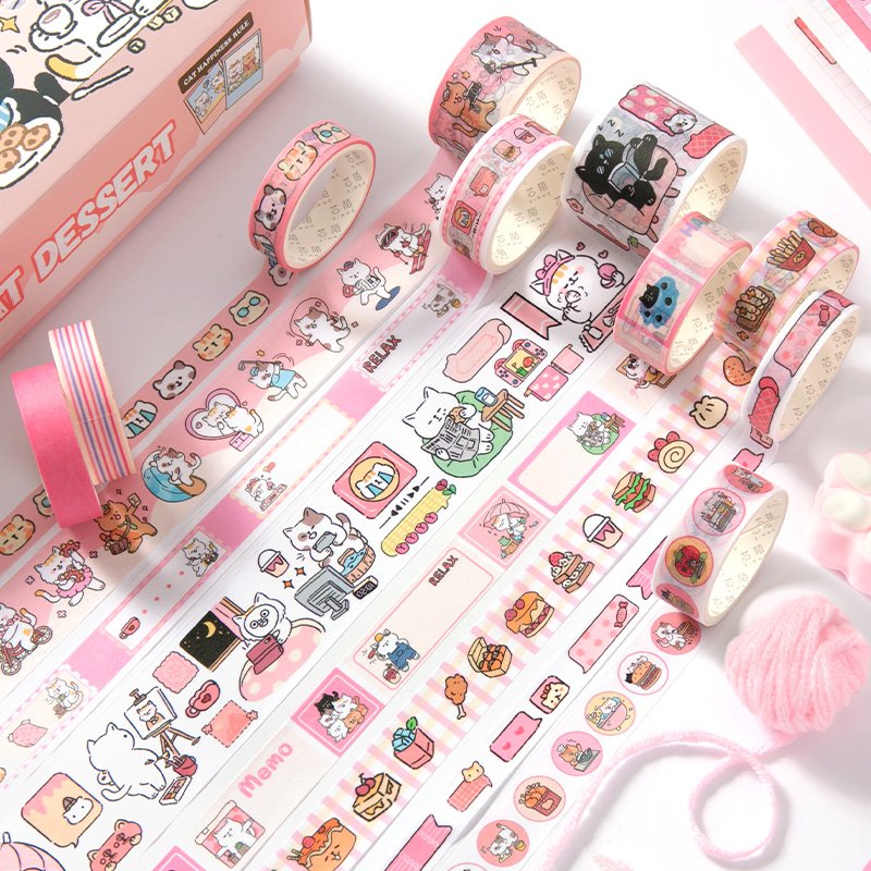 SIMNO Cute Kitty Puppy Theme Aesthetic Supplies Washi Tape Memo Pad Stickers Se for DIY Crafts Gift Wrapping
