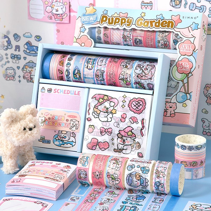 SIMNO Cute Kitty Puppy Theme Aesthetic Supplies Washi Tape Memo Pad Stickers Se for DIY Crafts Gift Wrapping
