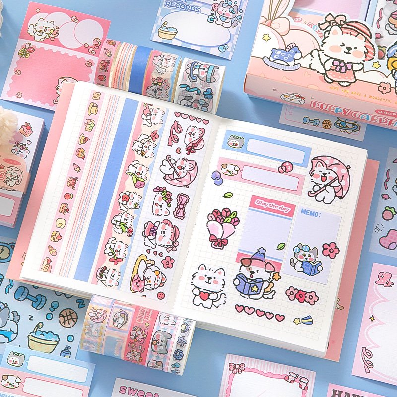 SIMNO Cute Kitty Puppy Theme Aesthetic Supplies Washi Tape Memo Pad Stickers Se for DIY Crafts Gift Wrapping