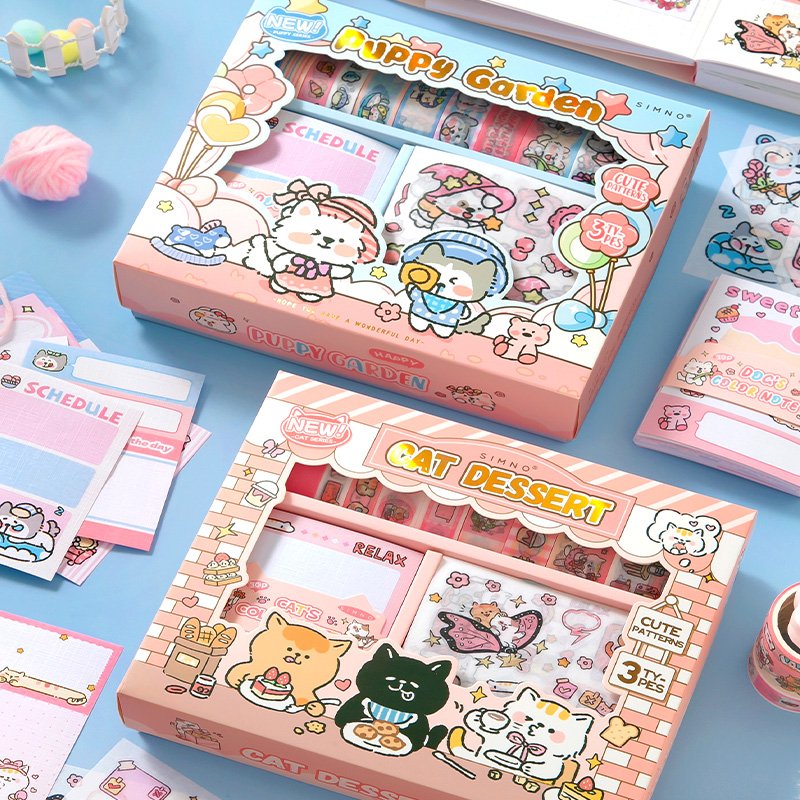 Simno 10 Roll Kawaii Washi Tape and 30 Sheet Memo Pad Notes Kawaii Cat Stickers Cute Animal for Scrapbooking DIY Crafts